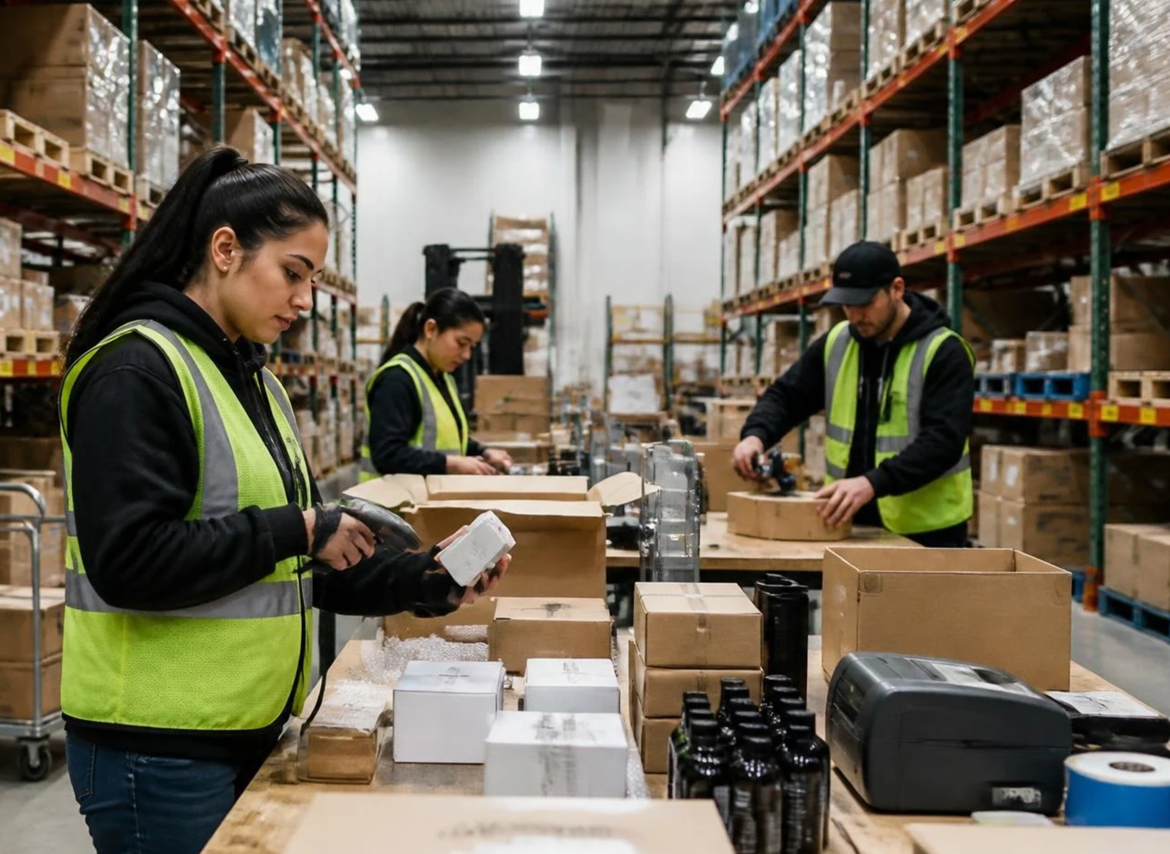 Wholesale prep center in Oregon handling inventory inspection, product labeling, and packaging.